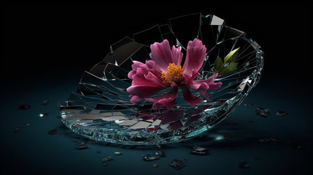 Broken glass with white flower on black background. generative aiの素材