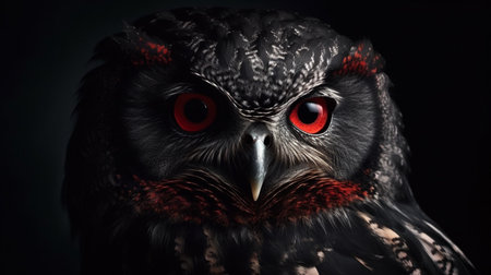 Beautiful owl with red eyes on a black background. Close-up.generative aiの素材