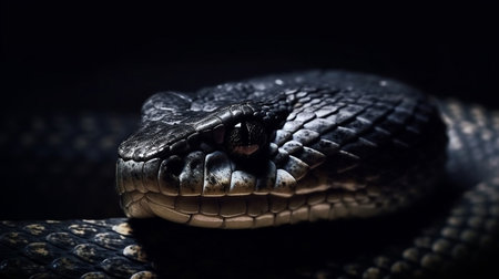Close-up of the head of a black snake on a black background.generative aiの素材