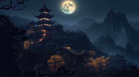 Landscape of ancient pagoda in the mountains at night with full moon.generative aiの素材