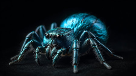 Close-up of a blue jumping spider on a black background.generative aiの素材