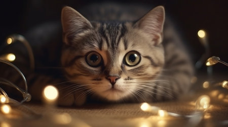 Cute Maine Coon kitten with Christmas lights. Digital painting.generative aiの素材