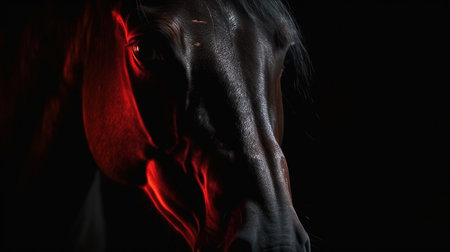 Close-up portrait of a black horse with red blood on its face.generative aiの素材