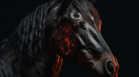 Close-up portrait of a black horse with red blood on its face.generative aiの素材