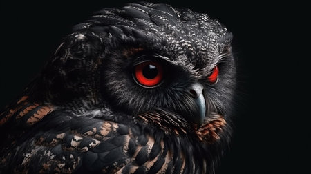 Beautiful owl with red eyes on a black background. Close-up.generative aiの素材