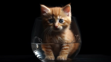 Cute little kitten in a glass bowl on a black background.generative aiの素材