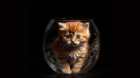 Cute little kitten in a glass bowl on a black background.generative aiの素材