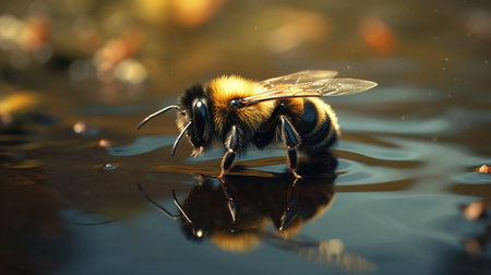 Bee on the surface of the water. Shallow depth of field.generative aiの素材