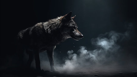 Portrait of a wolf on a black background with smoke and fog.generative aiの素材