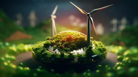 Green planet with wind turbines. Ecology concept.generative aiの素材