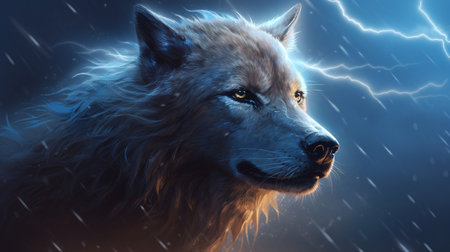 Digital Illustration of a Wolf in a Rainy Day with Blue Background.generative aiの素材
