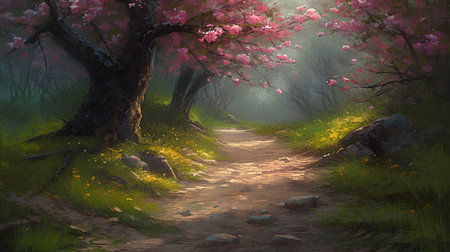 Digital painting of a path in a spring forest with pink cherry blossoms.generative aiの素材