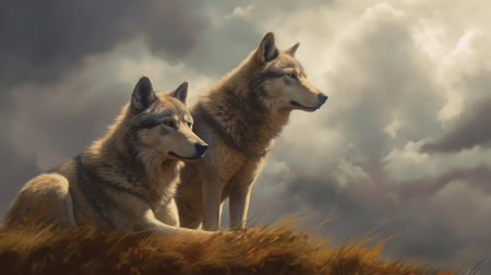 Two wolves looking at each other with cloudy sky as background,generative aiの素材