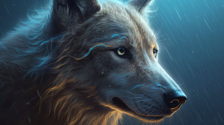 Digital Illustration of a Wolf in a Rainy Day with Blue Background.generative aiの素材