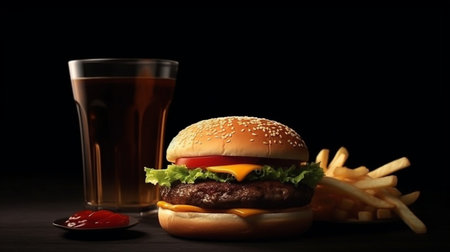 A hamburger and a glass of beer are shown.generative aiの素材
