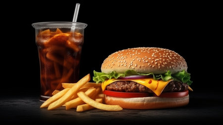A hamburger and a glass of beer are shown.generative aiの素材