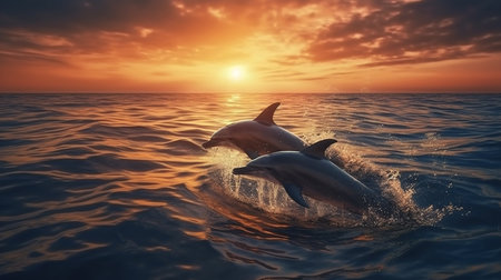 Dolphins jumping out of the sea at sunset. generative aiの素材