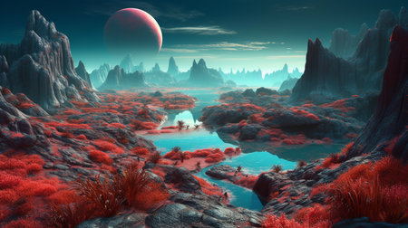 Fantasy landscape with tree and full moon. generative aiの素材