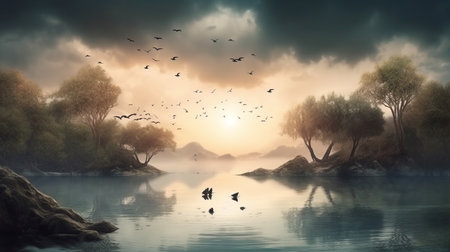 Fantasy landscape with tree and full moon. generative aiの素材