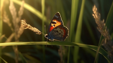 A butterfly sits on a wheat field in the evening.generative aiの素材