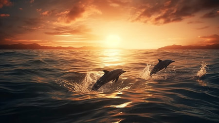 Dolphins jumping out of the sea at sunset. generative aiの素材