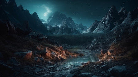 Fantasy landscape with mountains and river at night.generative aiの素材
