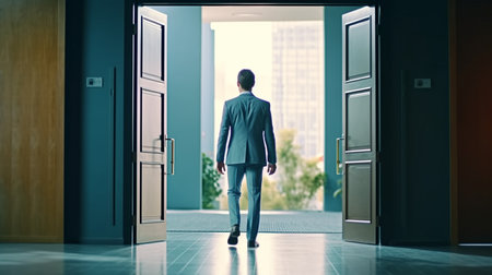A man stands in front of a door that says'the door to the city 'generative aiの素材