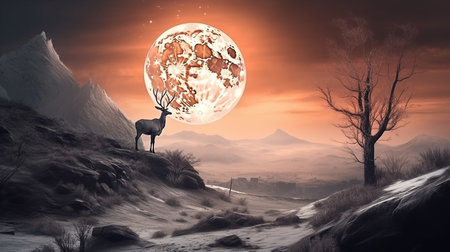 Fantasy landscape with deer and full moon.generative aiの素材