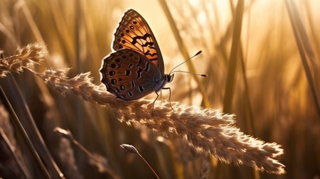 A butterfly sits on a wheat field in the evening.generative aiの素材