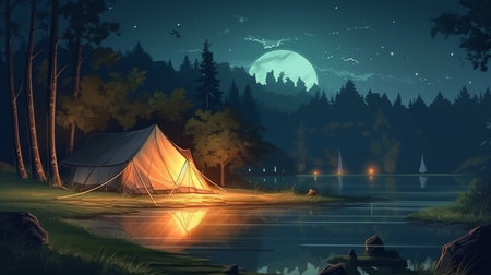 A painting of a lake with a lit tent and a boat on the shore.generative aiの素材