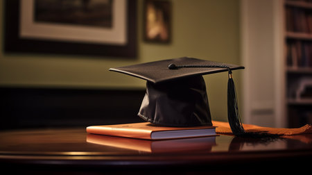 Graduation cap and diploma on the table in a courtroom or enforcement office.generative aiの素材