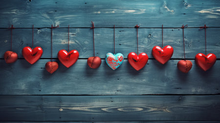 Valentine's day background with red hearts on blue wooden wall.generative aiの素材