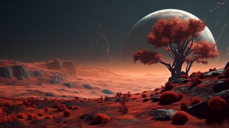 Fantasy landscape with tree and full moon. generative aiの素材