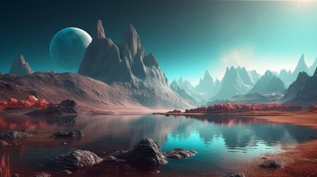 Fantasy landscape with tree and full moon. generative aiの素材