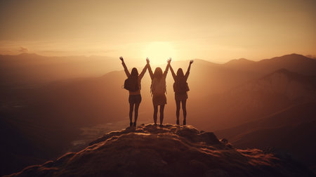 Silhouettes of happy friends with raised hands standing on top of a mountain during sunset.generative aiの素材