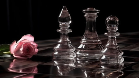 Chess pieces on a black background with a rose in the foreground.generative aiの素材