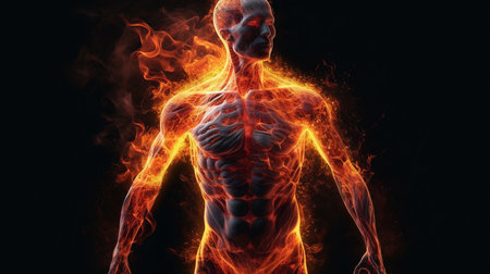 Human anatomy in fire flames on black background.generative aiの素材