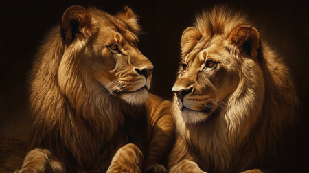 Lion couple in love. Portrait of a male and female lion.generative aiの素材