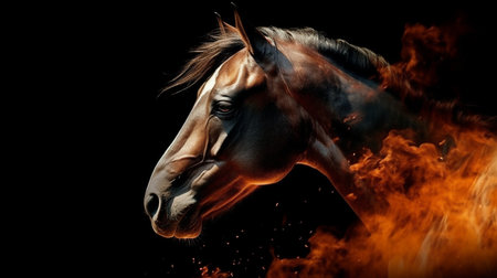 portrait of a bay horse in the fire on a black background.generative aiの素材