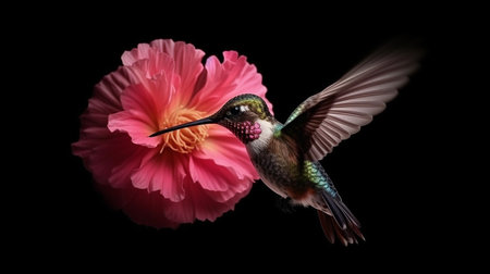 Hummingbird in flight with pink flower isolated on black background.generative aiの素材