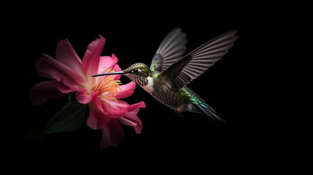 Hummingbird in flight with pink flower isolated on black background.generative aiの素材
