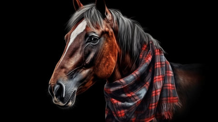 portrait of a horse with a plaid on a black background.generative aiの素材