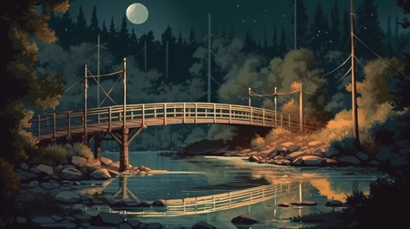 Wooden bridge in the forest at night.generative aiの素材