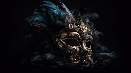 Beautiful Venetian mask with feathers on a black background.generative aiの素材