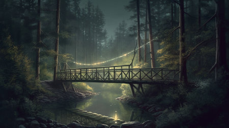 Wooden bridge in the forest at night.generative aiの素材