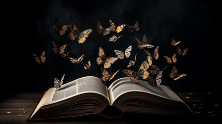 Opened book with flying butterflies on dark background, concept of education.generative aiの素材