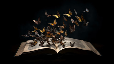 Opened book with flying butterflies on dark background, concept of education.generative aiの素材