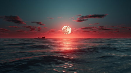 Bloody moon over the sea.generative aiの素材