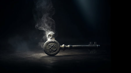 Wooden key with keyhole in dark room with smoke.generative aiの素材