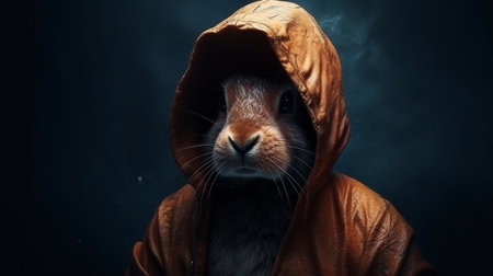 Portrait of a cute rabbit in a hood on a black background.generative aiの素材
